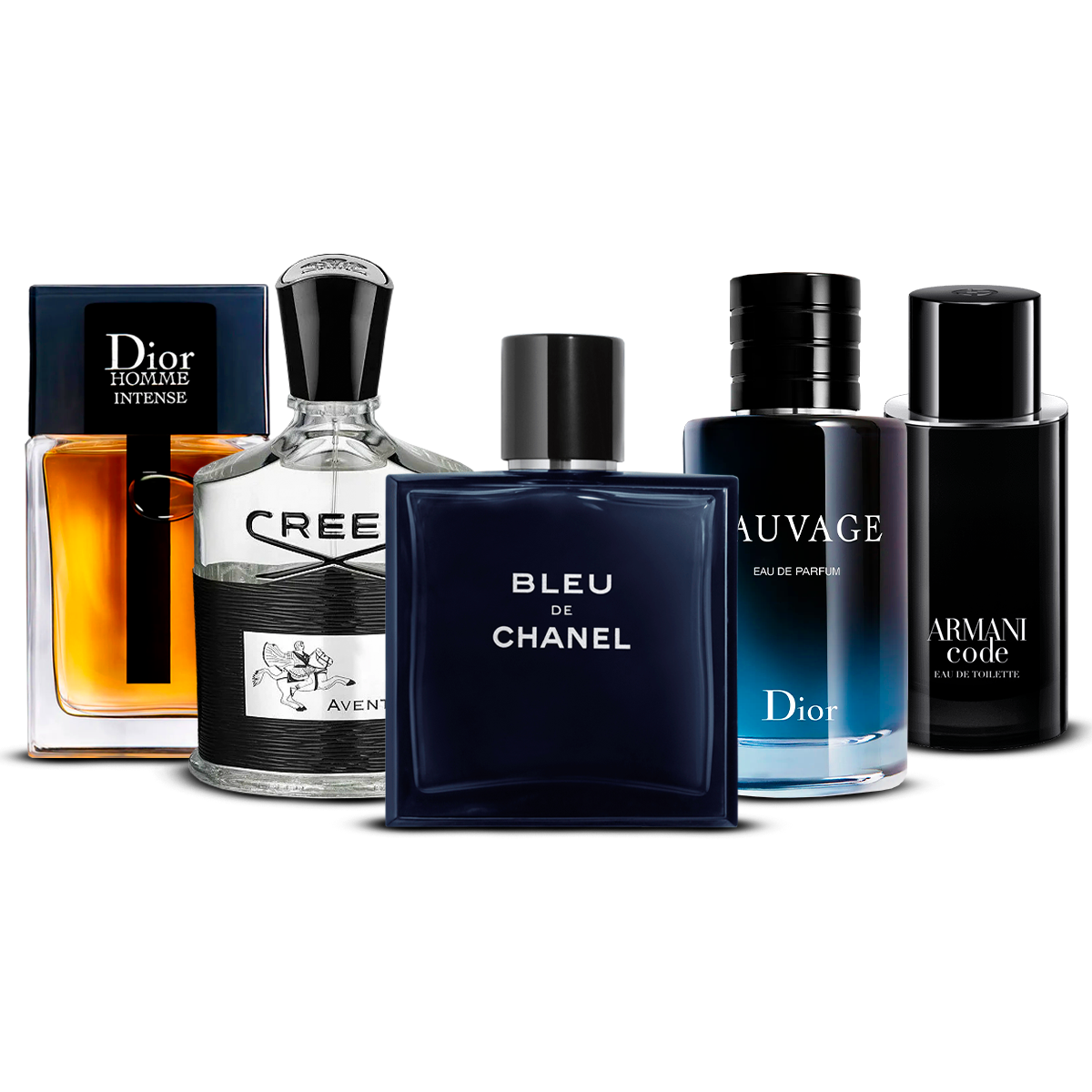 Set de 5 Perfumes  –  Dior Homme Intense, Creed Aventus, Bleu de Chanel, Sauvage i Armani Code   [100 ml cada uno]