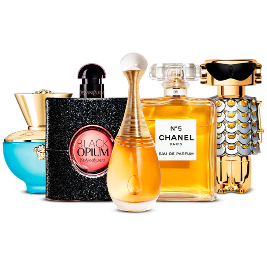 Set de 5 Perfumes  – Versace Dylan Turquoise, Black Opium, J'adore, Chanel Nº5 i Fame  [100 ml cada uno]